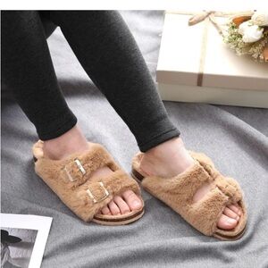 Womens Open Toe Slipper with Cozy LiningFaux Rabbit Fur Cork Slide Sandals Si...